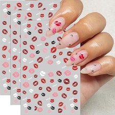 Valentines Nail Stickers Nail Decals 3PCS Self-Adhesive Pink Black Sexy Lips