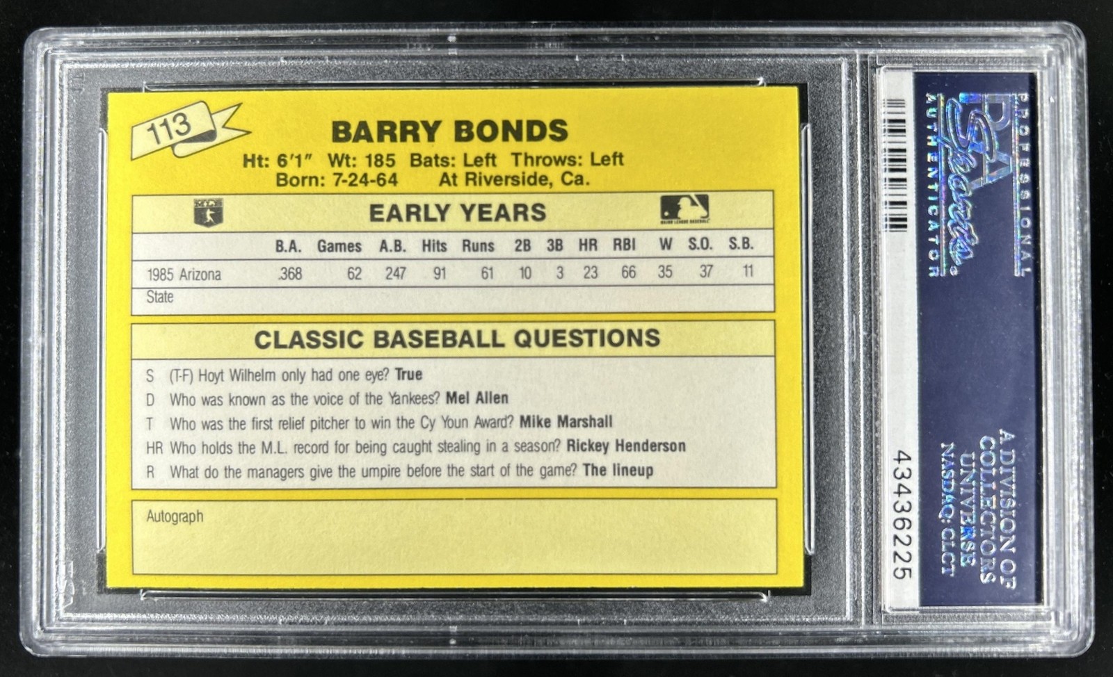 1987 Classic Travel Barry Bonds Update Yellow-Yellow Back #113 PSA 10 GEM MINT view 2