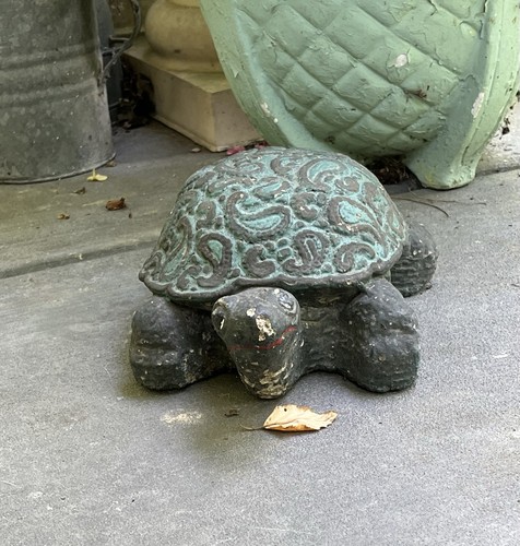 Vtg 10” Turtle-Concrete Cement Garden Statue-Ornate Shell-Old Chippy Green Paint - Picture 11 of 23