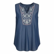 JJill DENIM Sleeveless Chambray Embroidered Top Size M Blue V-Neck Boho (3314)