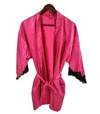 Fredericks of Hollywood Robe Women s XL Pink Short Satin Lace Belted Vintage