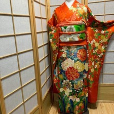 7122 Japanese Vintage Furisode Kimono Obi Obijime Obiage 4-Piece Set Silk Robe