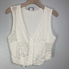 VTG Lajate Crochet Sweater Vest M White Ivory Boho Cottage Granny Neutral USA