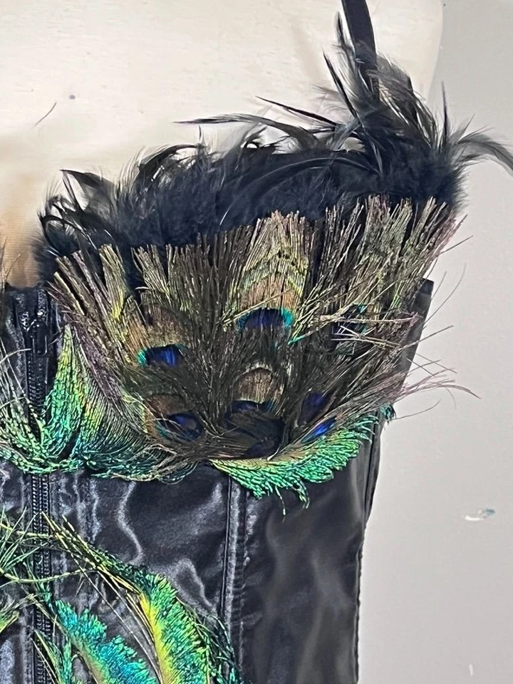 Fantasy Masquerade Peacock Feather Corset Dress Burlesque Gothic Steampunk Hi Lo - Image 2 of 4