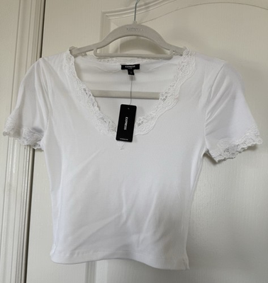 #ad EXPRESS WOMEN CROPPED FITTED SHORT SLEEVE V NECK WHITE SHIRT SZ XS NEW WITH TAG $7.00