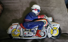 Vintage Tin Highway Police Motorcycle Toy w/ Rider, 1950's, Blue/White