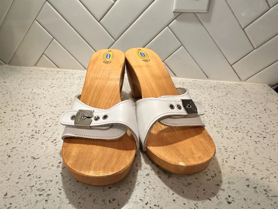 Sandalias estilo caramelos Dr Scholl’s vintage blancas tacones altos diapositivas para mujer 10 Foto 4 de 4