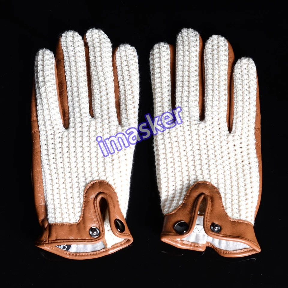 Men's 100% Real Leather Retro Unlined Driving Knitted Touch Screen Short Gloves - Image 4 of 4