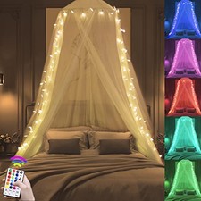 Bed Canopy with Star Lights for Girls Bedroom, 50 White Canopy-RGB Star Lights