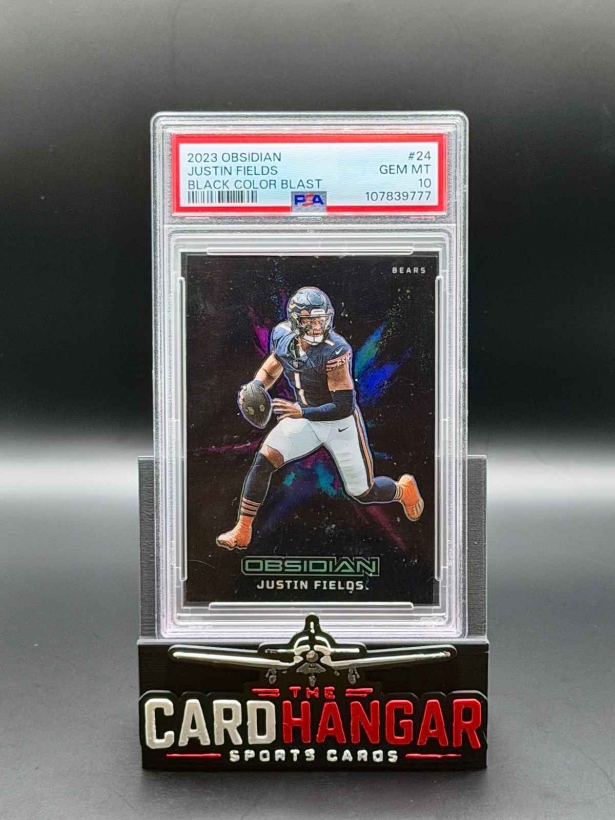 Justin Fields #24 Football Cards 2023 Panini Obsidian Black Color Blast trading card — raw and PSA graded price guide