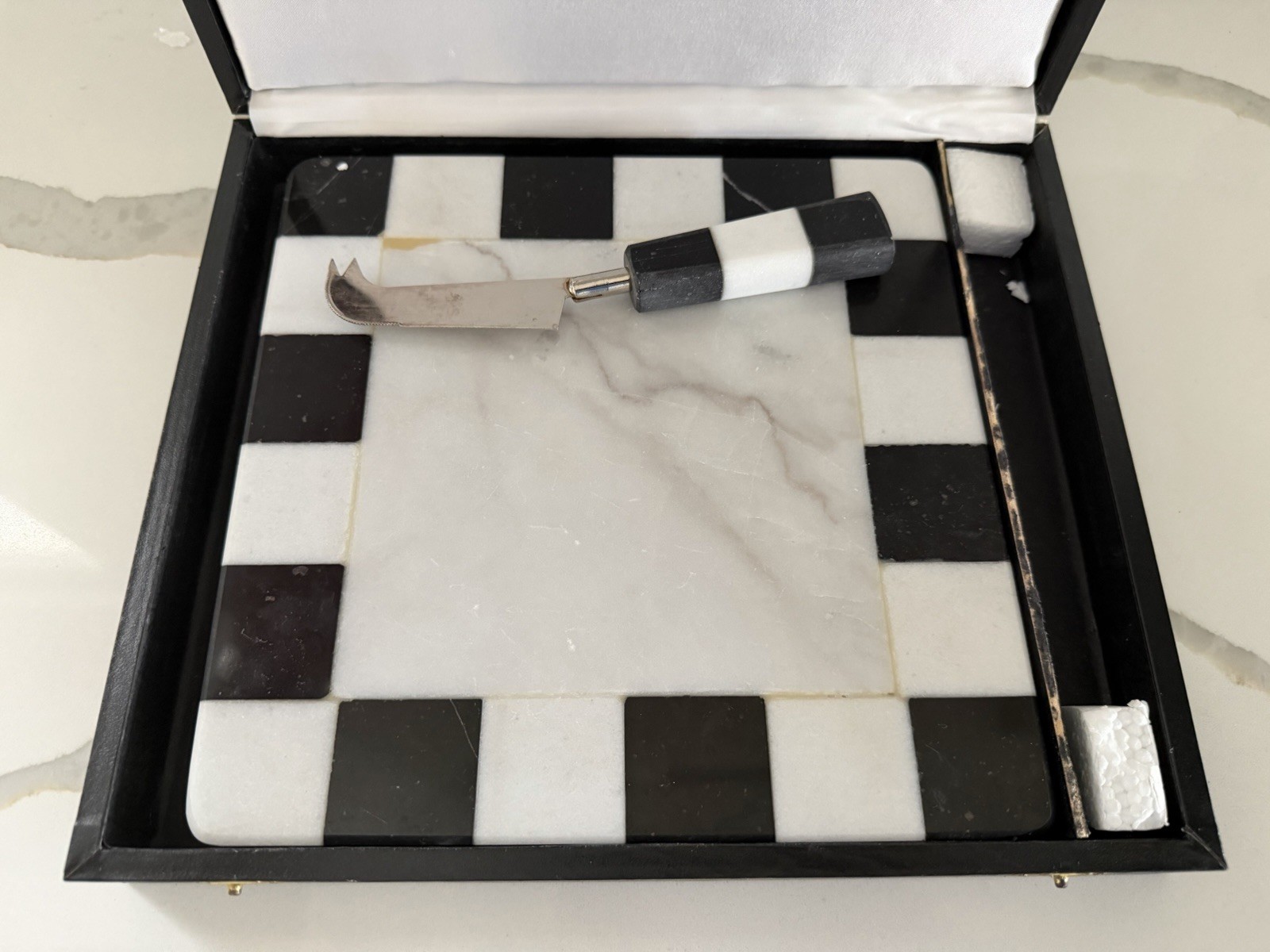 Black and White Checkered Marble Cheese Board W Matching Knife In Box