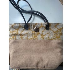 Beach tote yellow print jute vacation poolside resort lined pockets tropical