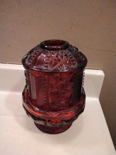 Vintage Ruby Red Flash Indiana Glass Stars and Bars Fairy Candle Lamp Light 7'' - Picture 2 of 7