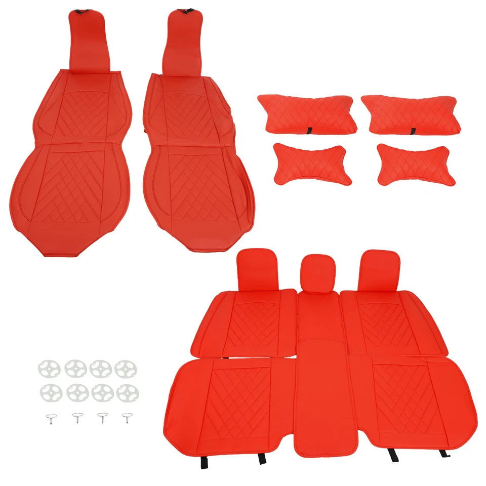 6D Red Universal Car 5-Seat Cover Front Rear PU Leather Interior Cushion 13PCS - Image 2 of 4