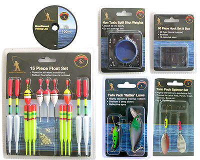 Angeltackle Set. Schwimmergewichte Haken Stecker Köder Spinner & Leine.