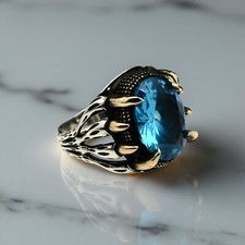 Aquamarine Claw Statement Men Ring 925 Sterling Silver Handmade Jewelry Gift