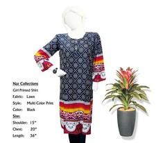 Naz Collection, Girl Multi-Color Printed Lawn Shirt, Tops, Black Medium