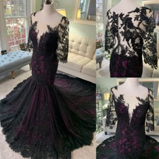 Gothic Mermaid Wedding Dresses O-Neck Lace Applique Black and Purple Bridal Gown