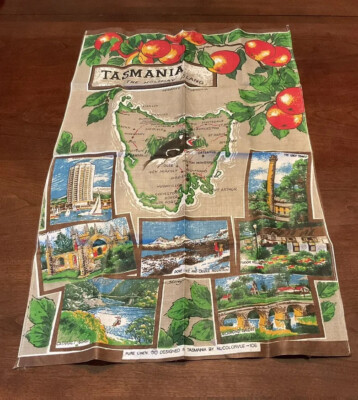 Vintage Souvenir Linen Tea Towel Wall Hanging Australian Tasmania Map Apples