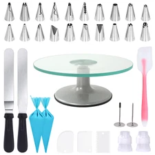 12 in Glass Cake Turntable Stand  with 33PC Baking & Decorating Supplies Tools