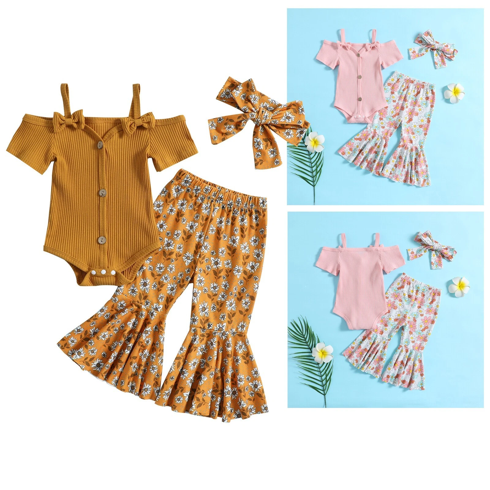 Newborn Infant Baby Girl Romper Jumpsuit Top Flared Pants Headband Clothes Set