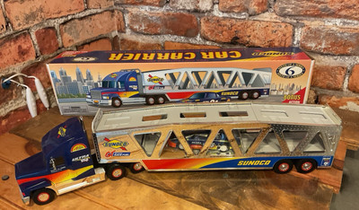 Vintage 1999 Sunoco Car Carrier W Lights and Race Car...FREE SHIPPING!