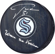 Philipp Grubauer Seattle Kraken Signed Hockey Puck with Release The Kraken Insc