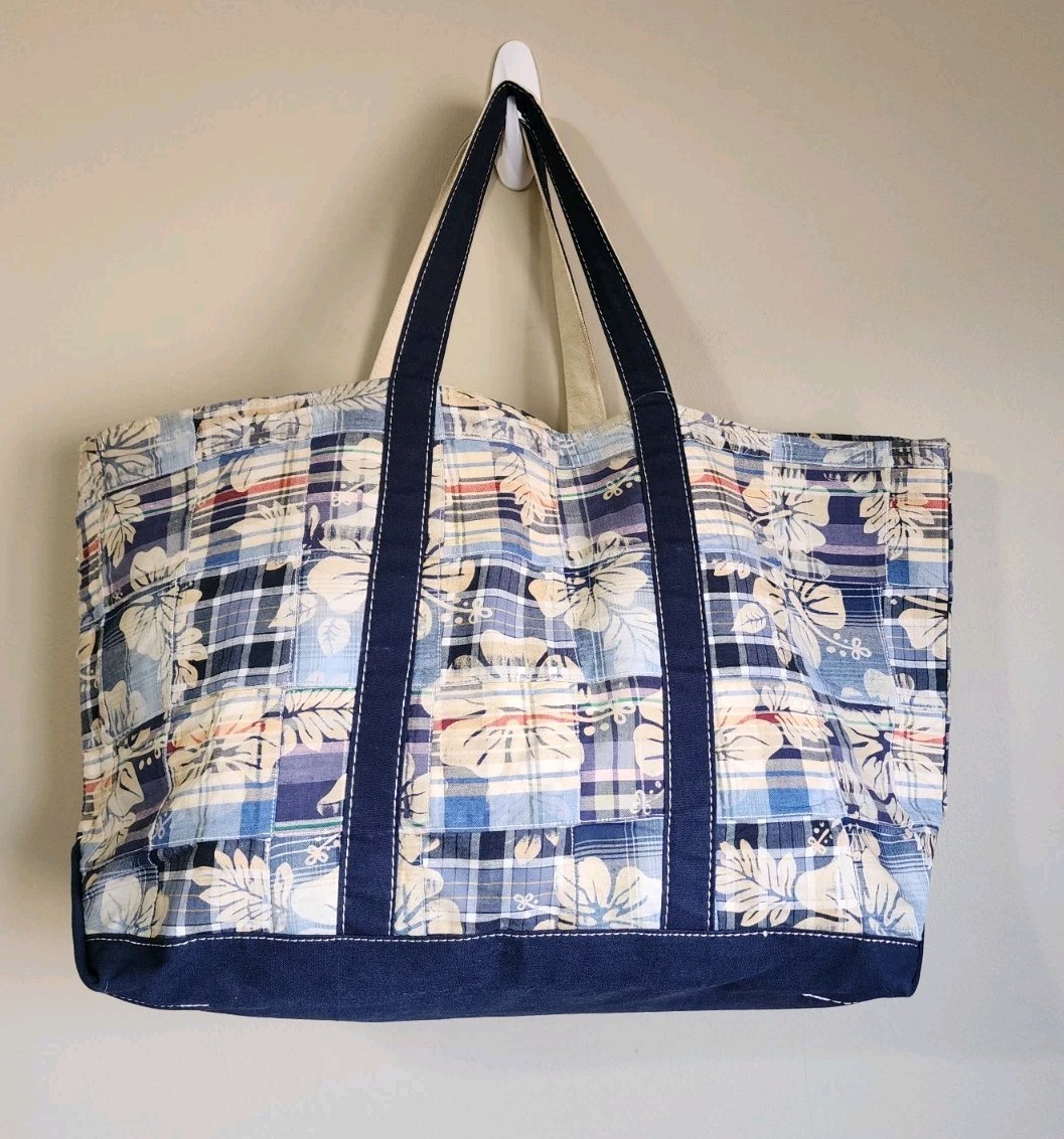 LL Bean Large Patchwork Madras Open Top Tote in B… - image 1