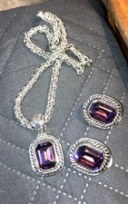 Silver Tone Choker Style Chain Necklace w/Purple Pendant and Matching Earrings