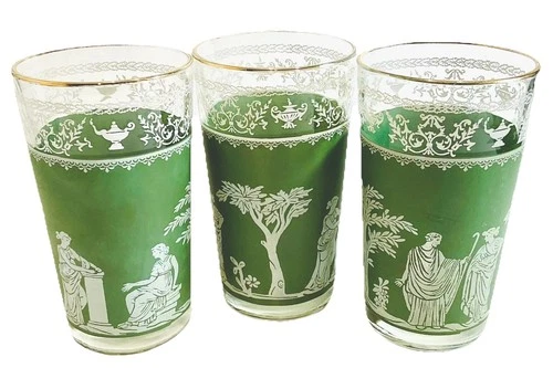 3 VTG Jeanette Jasper Ware Green And White Hellenic 5 5/8” Tumbler Glasses