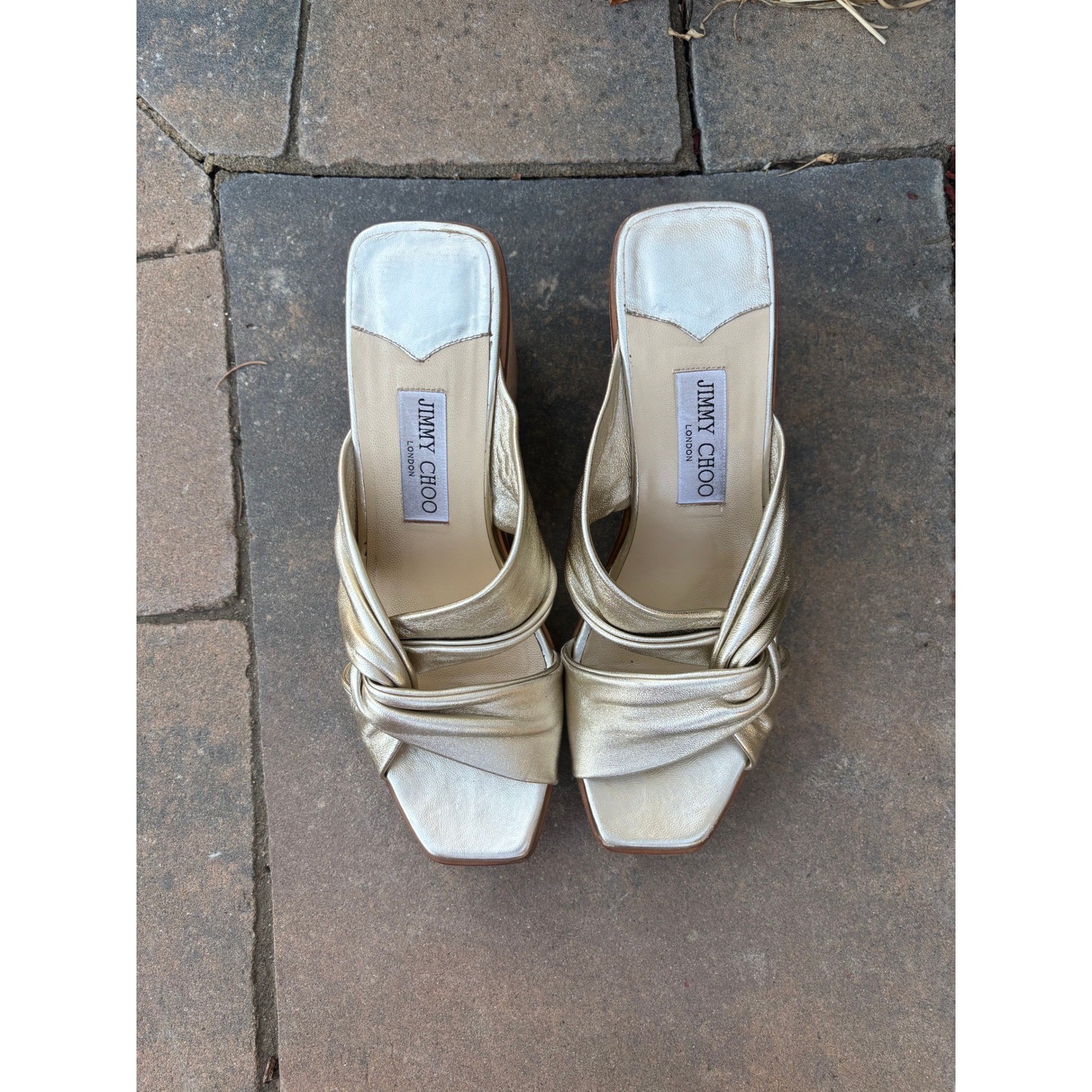 Jimmy Choo Narisa 90 Gold Metallic Leather Twisted Knot Cork Wedge Sandals Sz 9 image 3