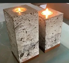 Set / 2 Cube Tealight Candlestands Rustic Concrete  & Mahogany Base Made in USA.