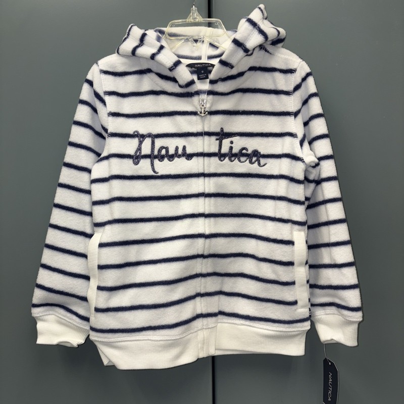 NAUTICA New Girls 5 Cream & Navy Striped Full Zip Fleece Hoodie w/Pockets NWT