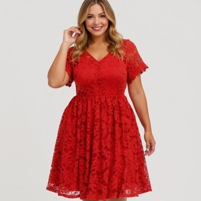 Torrid Lace Overlay Skater Dress Women's Size 2X Red Short Sleeve