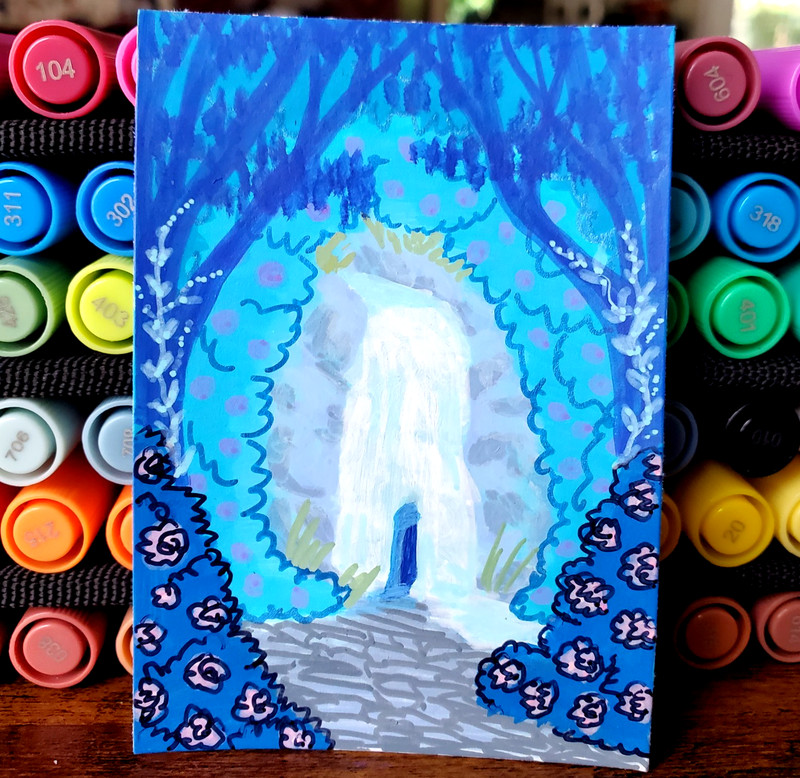 ACEO Original Art Painting Mystical Blue Garden Waterfall Portal 3.5 x 2.5