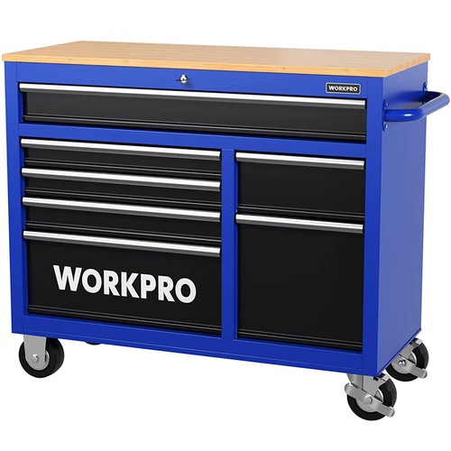 Workpro 7-Drawer 42" Rolling Tool Chest Mobile Tool Storage Cabinet w/Wooden Top