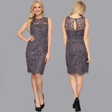 ADRIANNA PAPELL Size 10 Illusion Neck Lace Sheath Dress - Charcoal Gray Lace