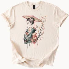 Japanese Geisha T-Shirt Asian Art Cherry Blossom Tee for Women