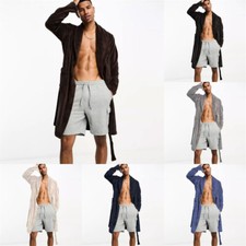 Mens Fleece Robe Plush Collar Shawl Bathrobe Mid Length Warm Lounge Robe