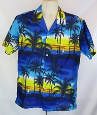 Vintage Mens Shoreline Hawaii Hawaiian Shirt Sz M Blue Palm Tree Sailboat