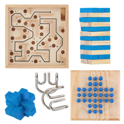5in1 Knobelspiele Set Metall Holz Geduldsspiel Kinder Labyrinth Holzturm Solitär