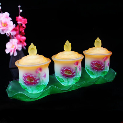 3pcs/set Buddhist Supplies Fortuna Cup Lotus Glass Cup Buddha Water Supply Cup
