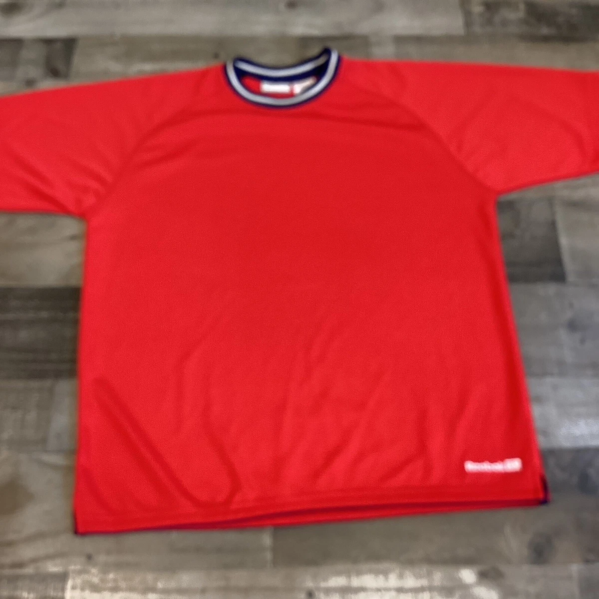Vintage Reebok T Shirt Size Large Mens Red White Blue Athletic SpellOut Logo