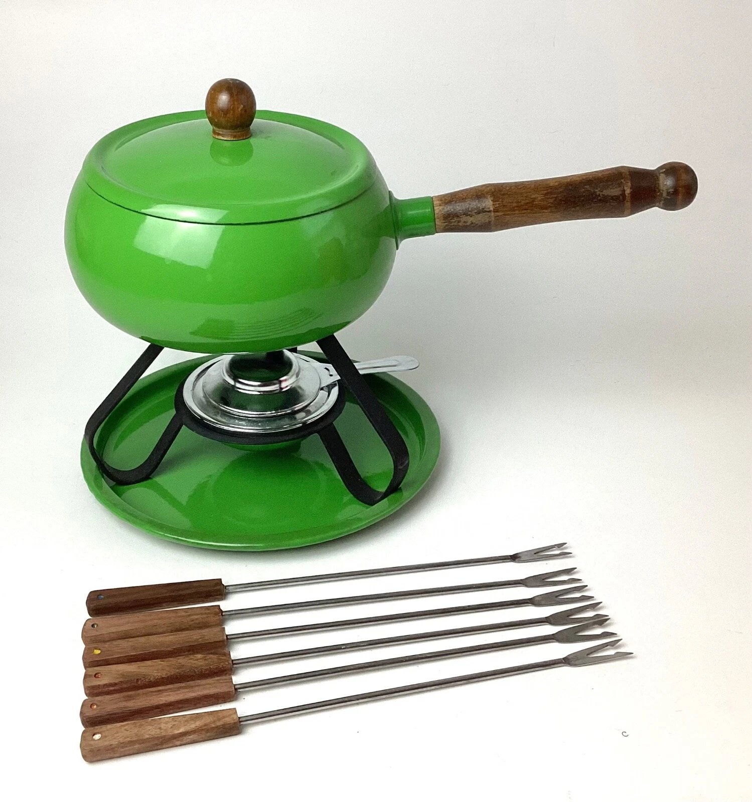 Vintage Mid Century Modern Gourmet Fondue Set Green Enamel