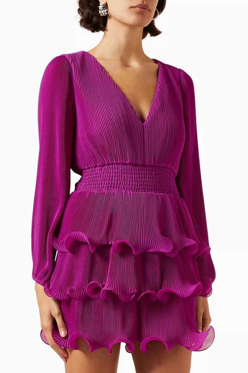 Women Milly Ryan A-Line Mini Dress Size 6/M Fuchsia Hem Ruffle V-Neck  Layered | eBay