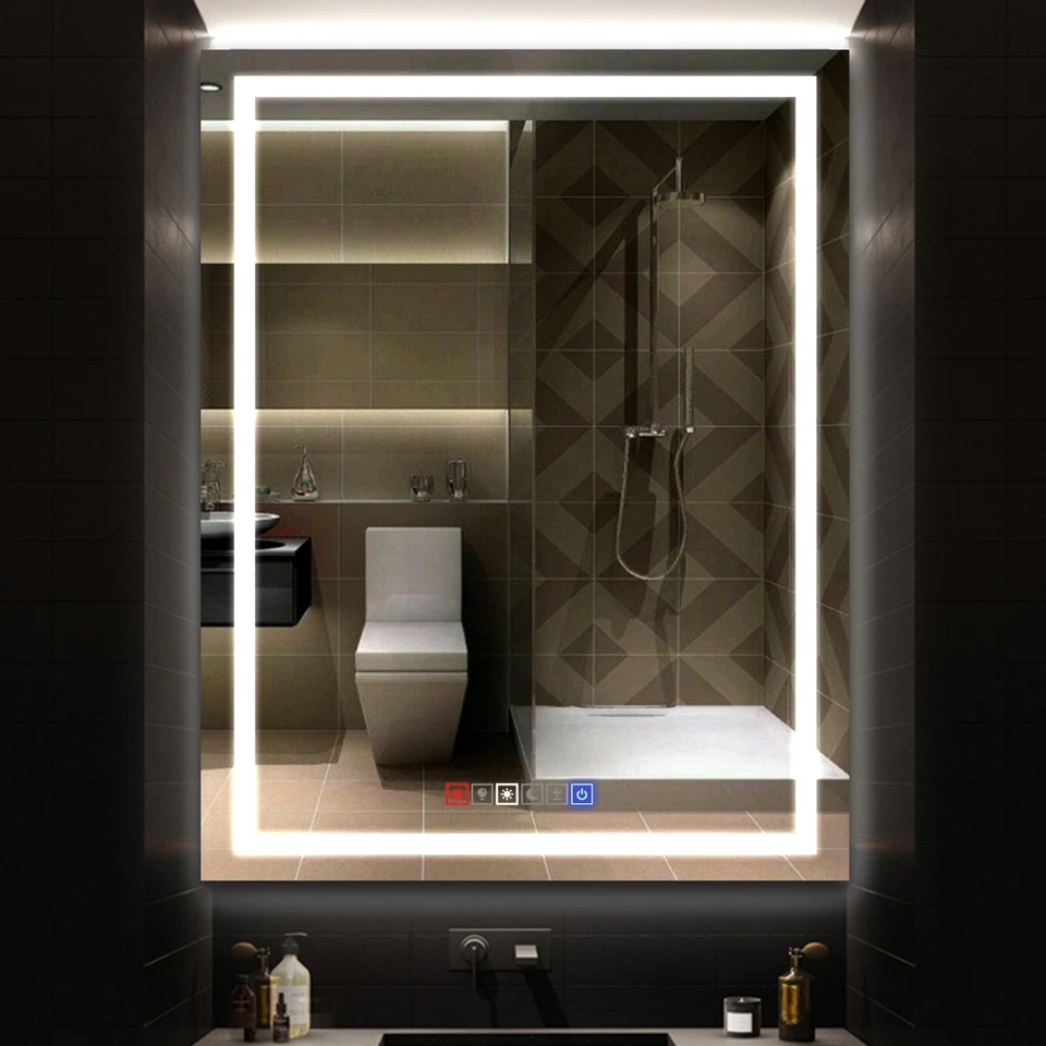 Espejo LED para baño sin marco montado en la pared antiniebla con luces regulables Foto 3 de 4