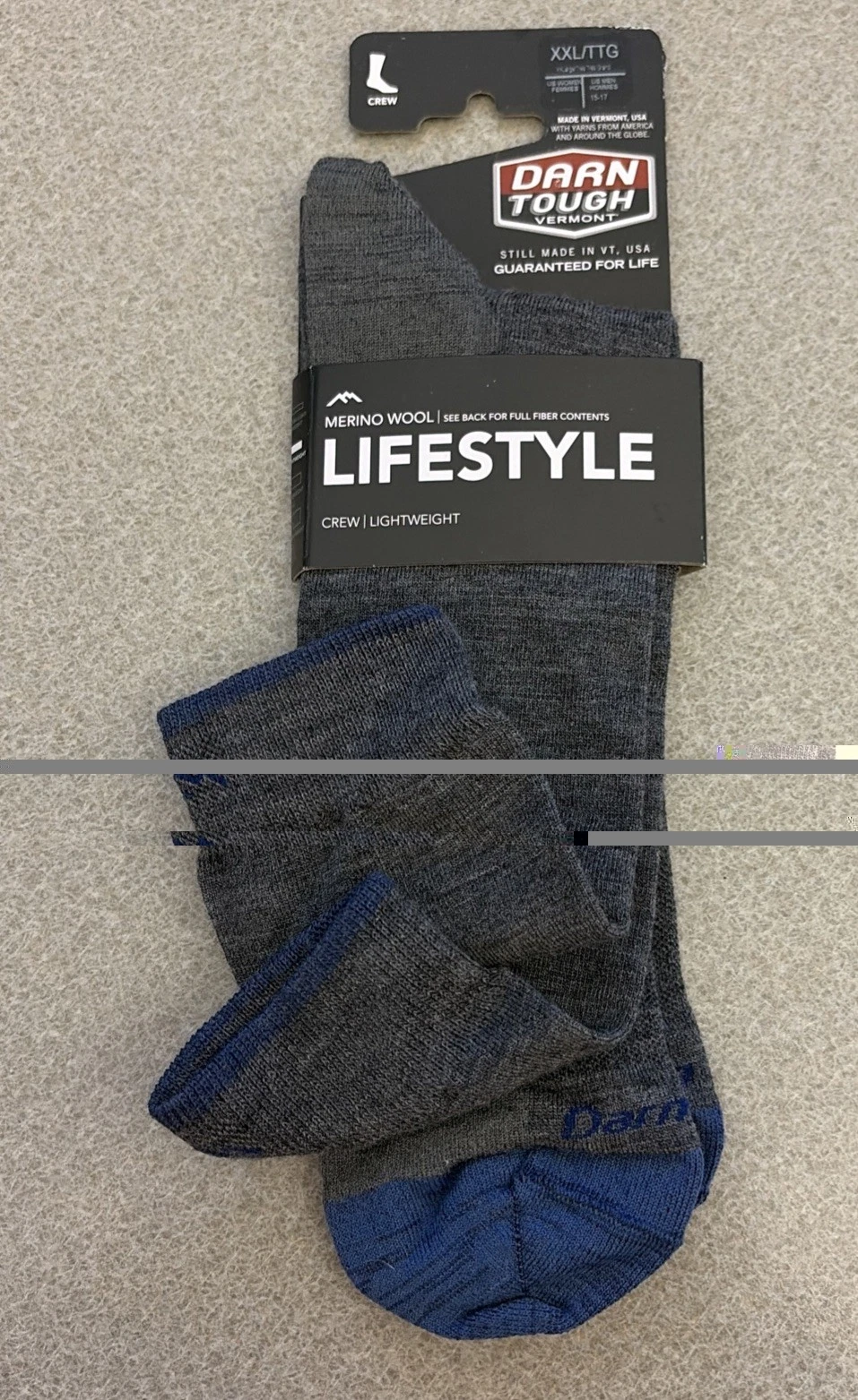 Darn Tough Merino Wool Socks. Lifestyle, Crew Lightweight. XXL. Grey. NWT