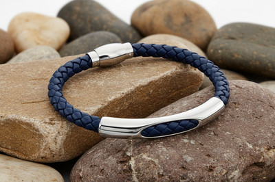 Fred Bennett Armband geflochten marineblau Leder und Edelstahlabschnitt 21 cm...