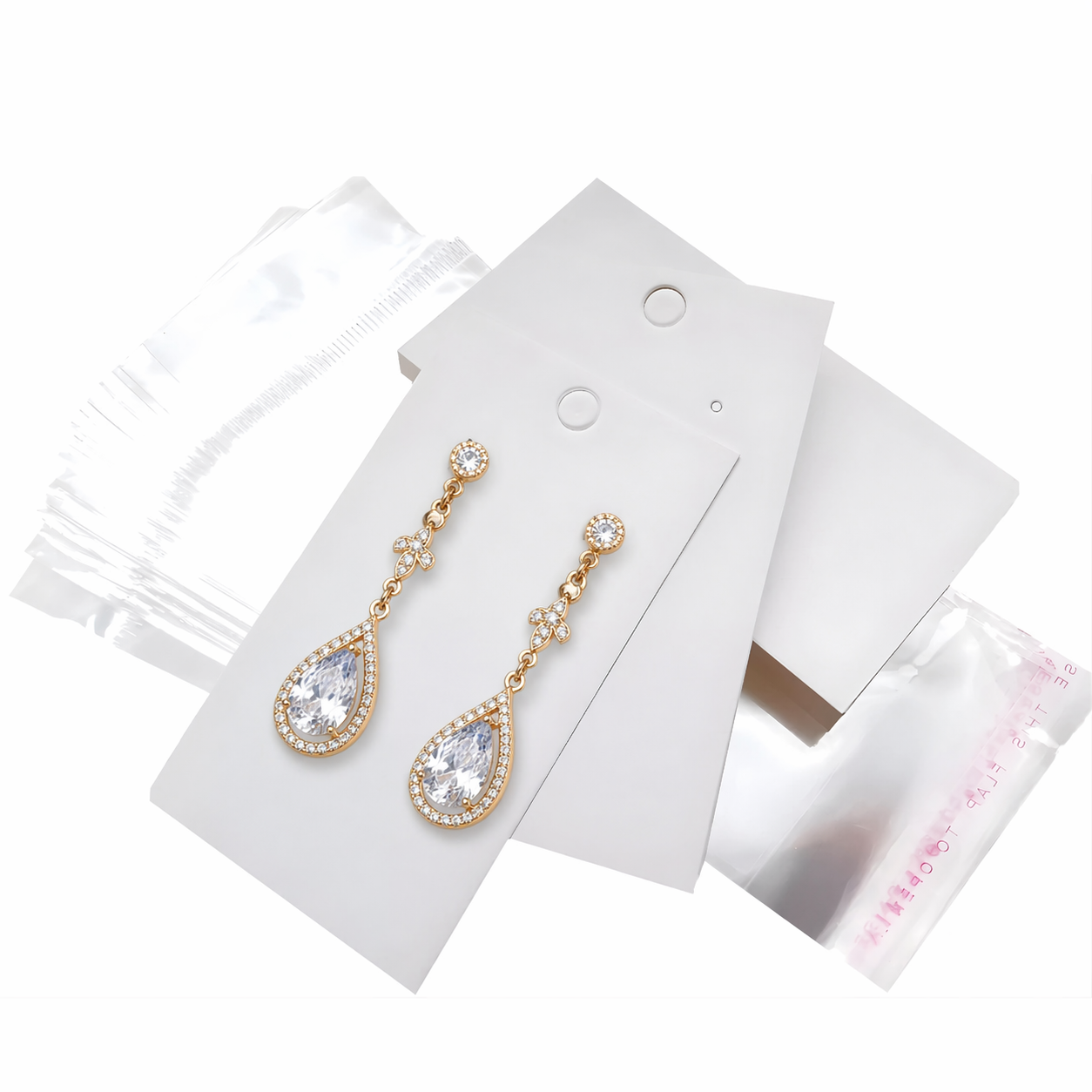 100x Jewellery Display Cards + 100 Self Adhesive Bags Earring 9x5cm White