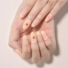 3D Ombre Yellow Press on Nails Short Almond, Peach to Yellow French Glossy Pr...